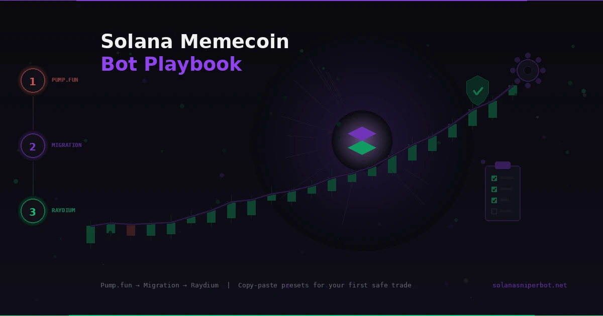 Solana Memecoin Bot Playbook 2026 — Pump.fun and Raydium phase presets, safety checklist, and candlestick chart illustration