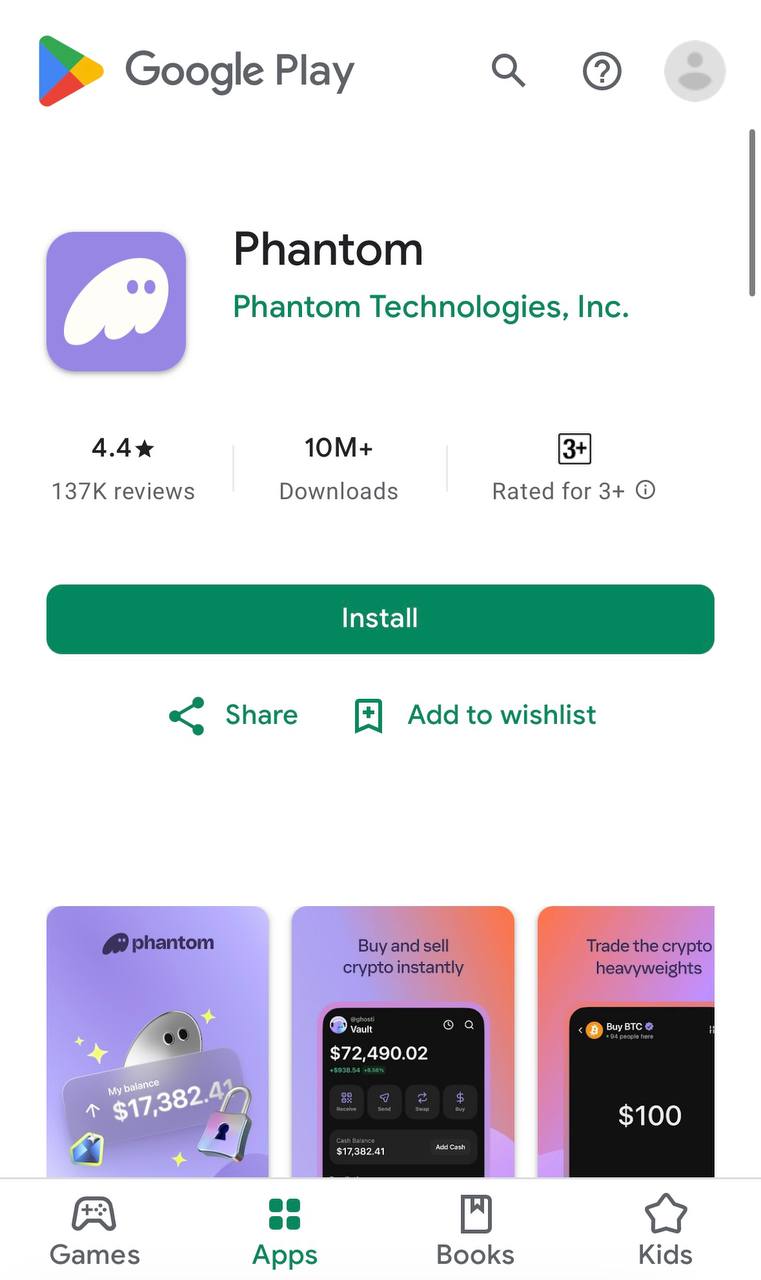 Phantom wallet on Google Play Store — 10 million downloads, verified developer Phantom Technologies Inc.